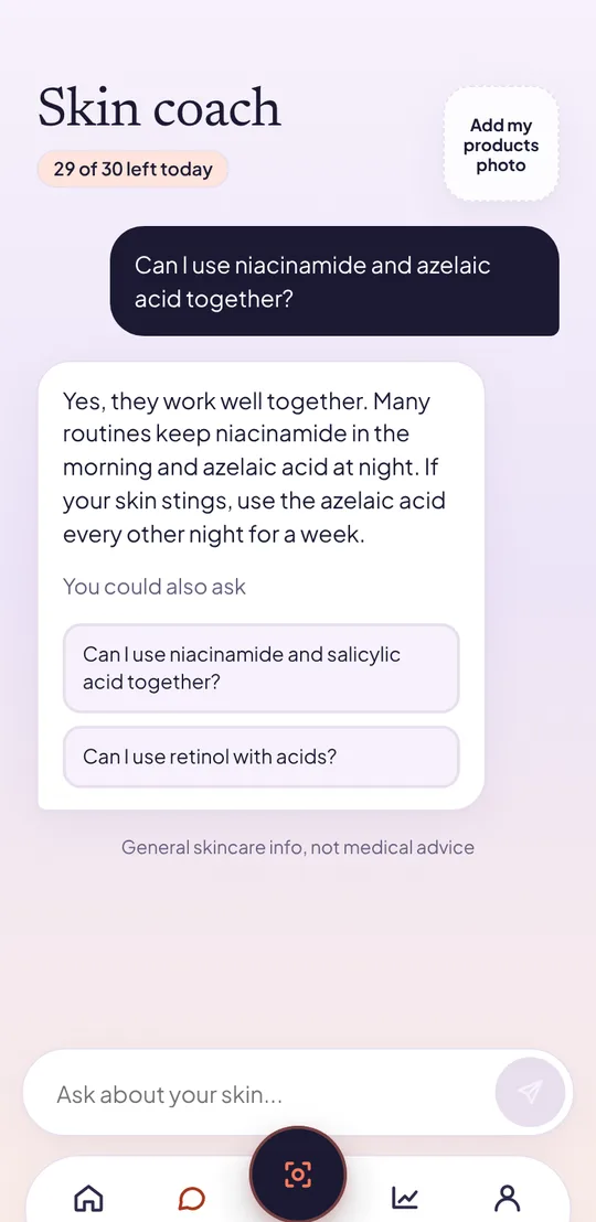 The skin coach answering whether niacinamide and azelaic acid can be used together