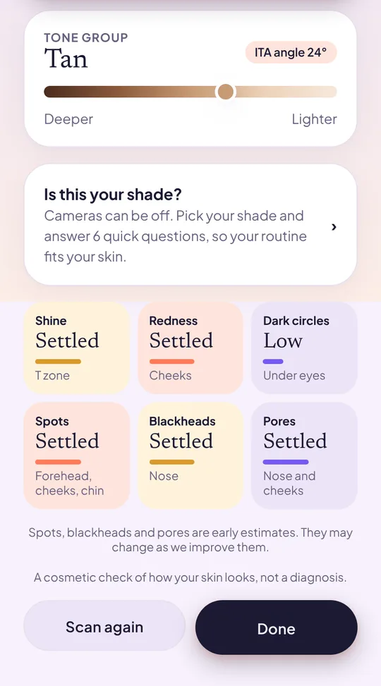 The scan results screen: tone group Tan, and levels for shine, redness, dark circles, spots, blackheads and pores