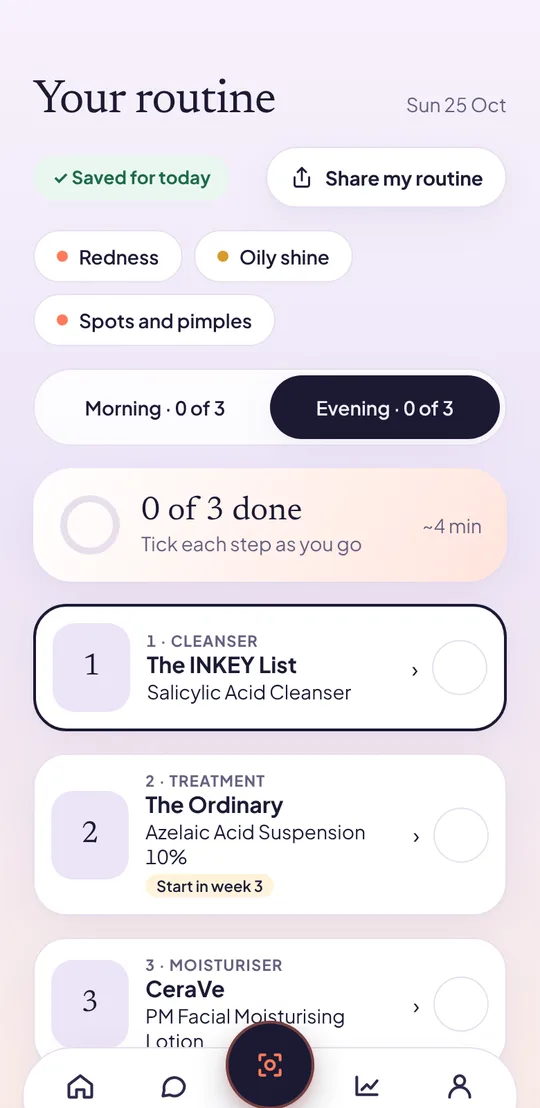 The routine screen: an evening routine with a cleanser, a treatment and a moisturiser, each with a tick box